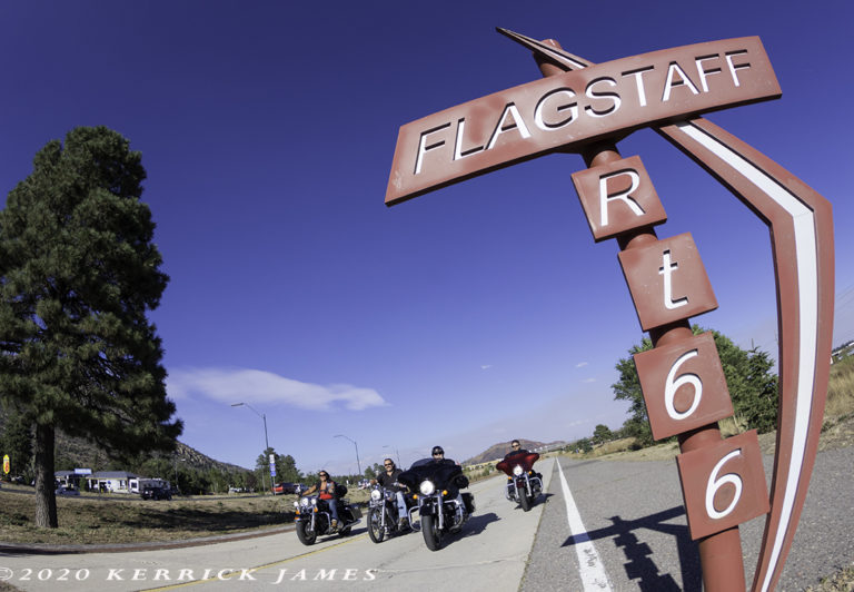 Bikers cruise a short ‘restored’ section of Route 66 in Flagstaff, Arizona