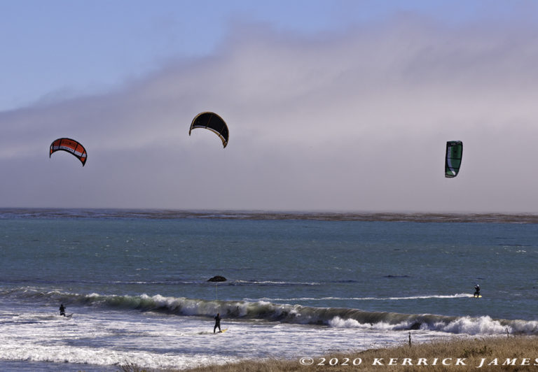 Kite surfers soar and dive south of Ano Nuevo State Beach