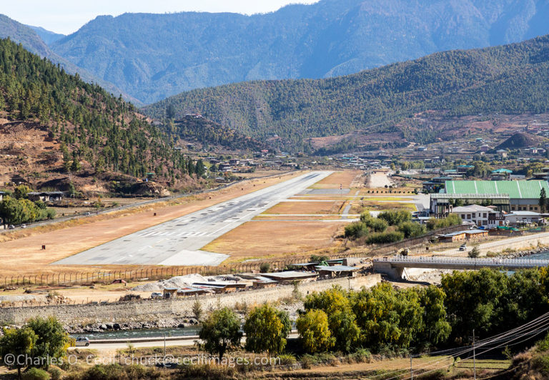 Paro, Bhutan. Paro Airport Runway and Surrounding Hills.