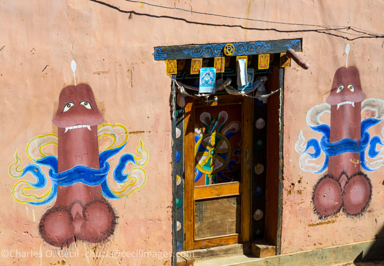 Punakha, Bhutan. Phallus Decorations on Wall of a Private Residence, Chimi Village. Phallus decorations are frequently seen in Bhutan.