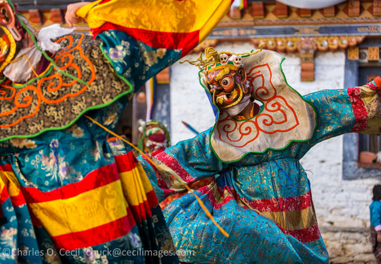 Prakhar Lhakhang, Bumthang, Bhutan. Buddhist Monk Wearing Mask of a Mythological Deity while Performing a Dance in the Duechoed Religious Festival.