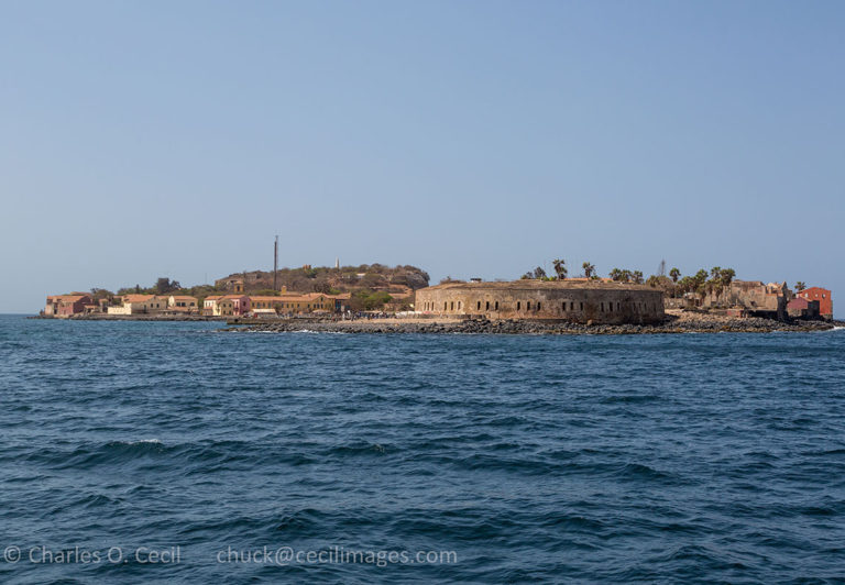 Approaching Goree Island on the Dakar-Goree Ferry. The large circular building is the French-built (1850) Fort d'Estrees, now an Historical Museum.
