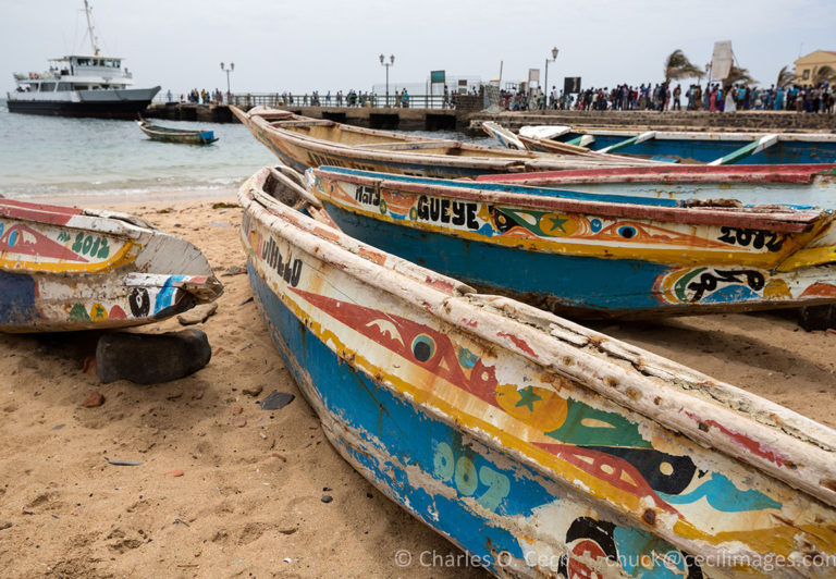 Fishing Boats on the Beach, Dakar-Goree Ferry in the Background, Goree Island.