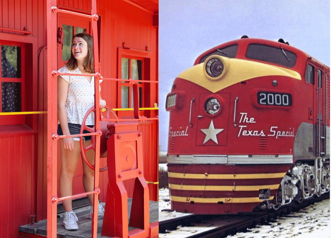 Missouri-Kansas-Texas Railroad caboose and locomotive, historical marker trip