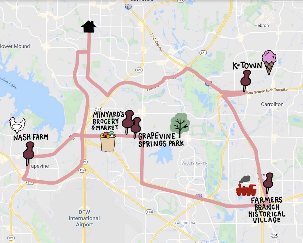 Map of travel between historical markers, historical marker trip