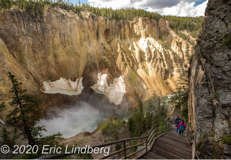 Beginning along the rim of the Grand Canyon of the Yellowstone, Uncle Tom’s Trail includes 328 steps as it leads down to the base of the 308-foot -high Lower Falls. Numerous benches and platforms provide rest stops along the way.
