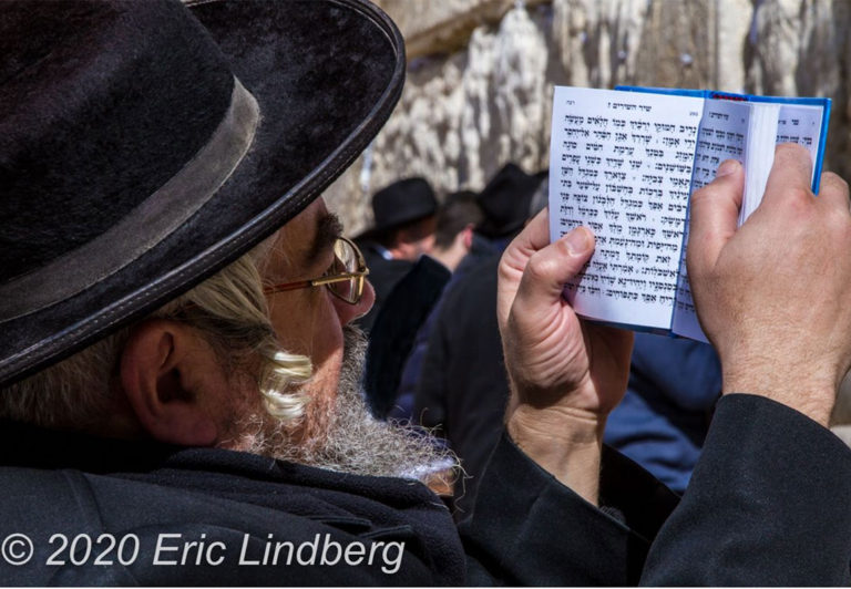 An orthodox Jewish man reads from the Torah while seated in front of Jerusalem’s Western Wall.
