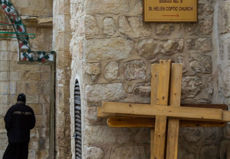 The Via Dolorosa is believed to be the route that Jesus walked on the way to his crucifixion. Nine Stations of the Cross are represented along the way, including this one, the Ninth Station before reaching the Church of the Holy Sepulchre.