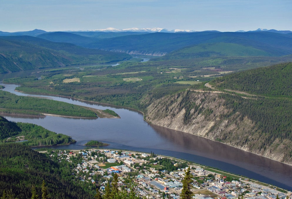Dawson City with Yukon River and forests beyond