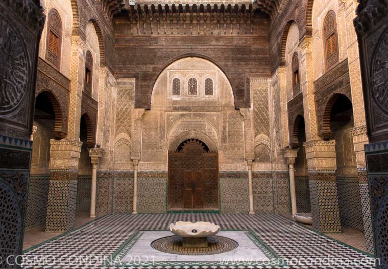 Madrasa Bou Inania in Fez built in AD 1350-55. Madras is the Arabic word meaning any type of educational institution. It is widely acknowledged as a high point of Marinid architecture and of historic Moroccan architecture.