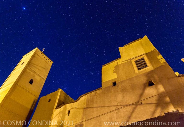The night sky above Ksar oasis village. With no light pollution the skies shine bright at night here in the desert.