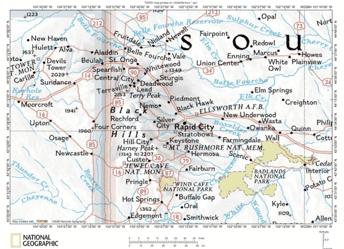 Map of the Rapid City South Dakota area including Mt. Rushmore and Deadwood.