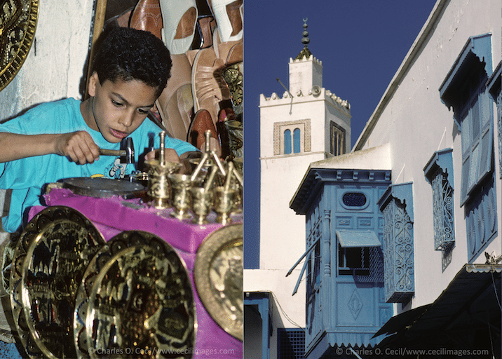 Young Arab artisan and harem window in front of minaret