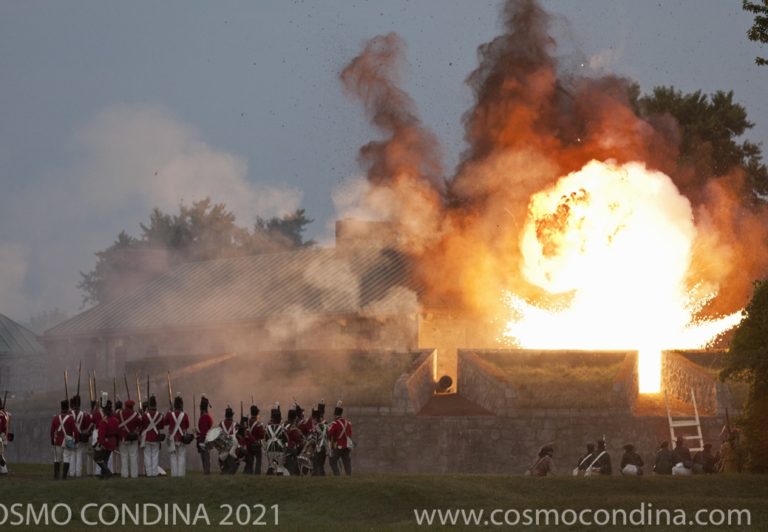The battle for Fort Erie occurred in August and September of 1814 and was one of the last conflicts in the War of 1812. British artillery hit the American powder magazine but the explosion here depicted did not enable British troops to dislodge the American forces.