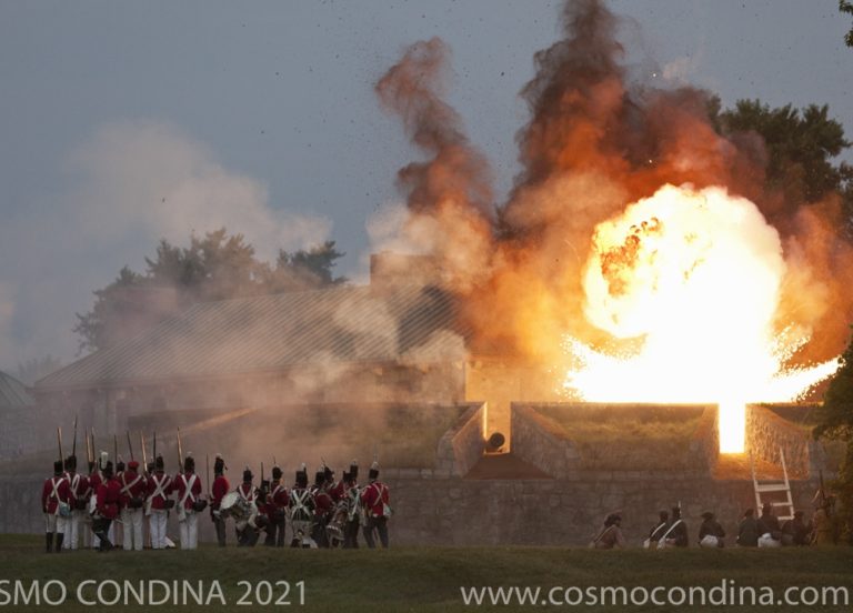 The battle for Fort Erie occurred in August and September of 1814 and was one of the last conflicts in the War of 1812. British artillery hit the American powder magazine but the explosion here depicted did not enable British troops to dislodge the American forces.