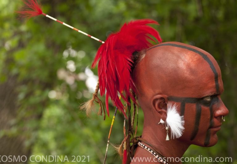 A First Nations warrior painted and dressed for combat prepares for the Battle of Stoney Creek. A confusing nighttime battle fought 40 miles west of Niagara on the Lake on June 5-6, 1813, Stoney Creek was won by the British. Shawnee chief Tecumseh had gathered 10,000 warriors and his supporters agreed to join the British and Canadian side during the War of 1812. The participation of native warriors was key to defending the country that would later be Canada.
