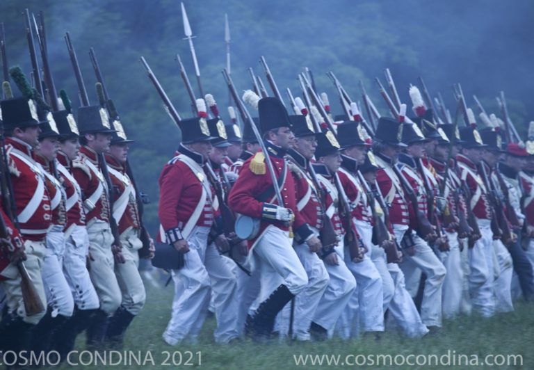 British soldiers on a night march to Stoney Creek. A red coat was expected to fire off four musket shots in one minute, the musket weighed 10-13 pounds.