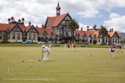 Playing Croquet in Government Gardens, Museum (former spa) in the Background. Rotorua, north island, New Zealand. 