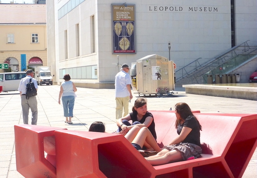 Distinctive outdoor lounge furniture in the MuseumQuartier invites relaxation.
