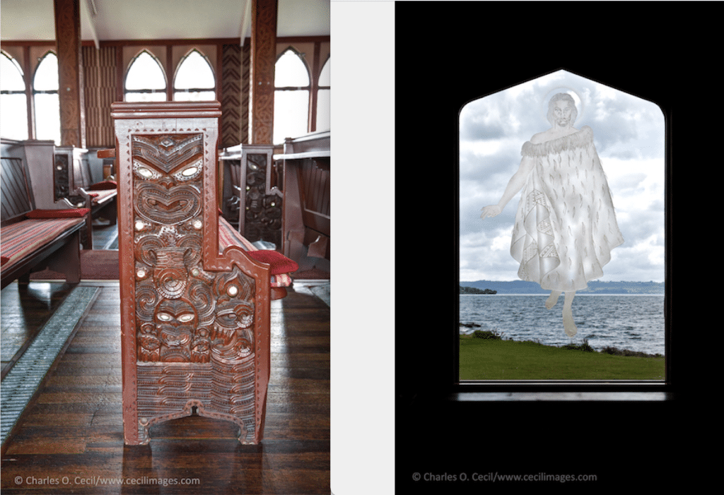 Pew at St. Faith’s Anglican Church and altar image of Christ wearing a Maori cloak