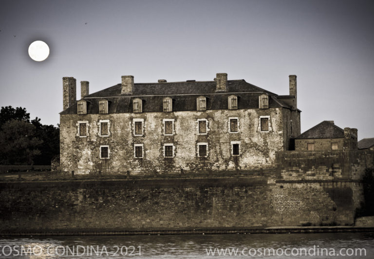 A full moon rises over the “French Castle” inside Fort Niagara in Youngstown, NY. The fort was built at the mouth of the Niagara River where it opens onto Lake Ontario.