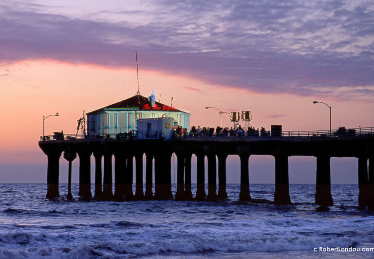 L.A.s beaches and piers have appeared in movies and television shows for as long as those industries have existed in Southern California. The vintage merry go round on the Santa Monica Pier doubled for a gangster-era Chicago location in the movie The Sting, and the TV series Baywatch made international heroes of the men and women who patrol these shores. Here the Manhattan Beach Pier, which is part of L.A.’s South Bay area, is lit for a dramatic scene in an upcoming production.