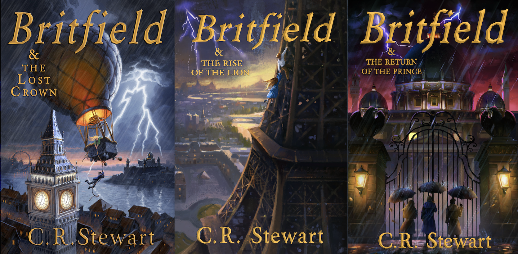 Covers of three Britfield novels: Britfield and the Lost Crown, Britfield and the Rise of the Lion, Britfield and the Return of the Prince