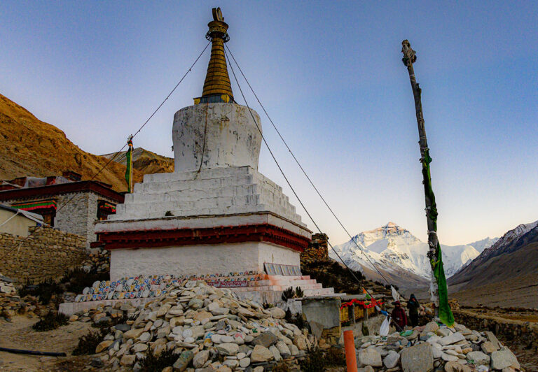 At the junction where the Friendship Highway detours to Everest Base Camp (EBC), all travelers must board one of the eco-friendly buses for the 25-minute ride up to EBC, also the site of the Rongbuk Monastery, which sits at 16,434 ft. above sea level.