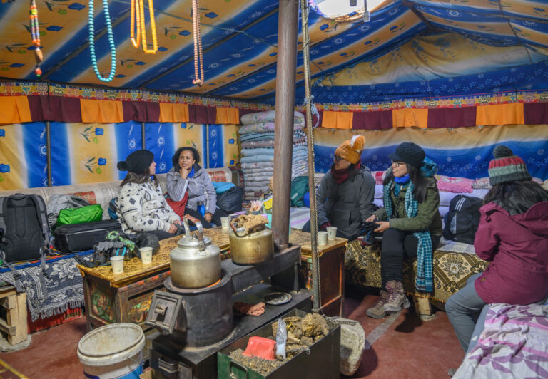 It’s possible to spend the night at Everest’s base camp in tents furnished with plenty of heavy quilts, as the temperatures get very chilly as the sun goes down. Expect a simple dinner of rice or noodles as part of the experience.