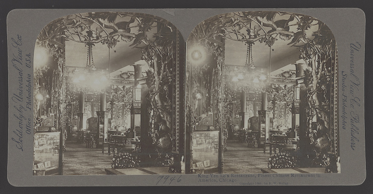 King Yen Lo's restaurant in Chicago claimed to be the best Chinese restaurant in America. A description of the cuisine no longer exists, but the fact that an image of its interior was preserved on a stereoscope attests to its fame. Stereoscopes allowed left-eye and right-eye photos of the same scene to merge into a single three-dimensional image. 