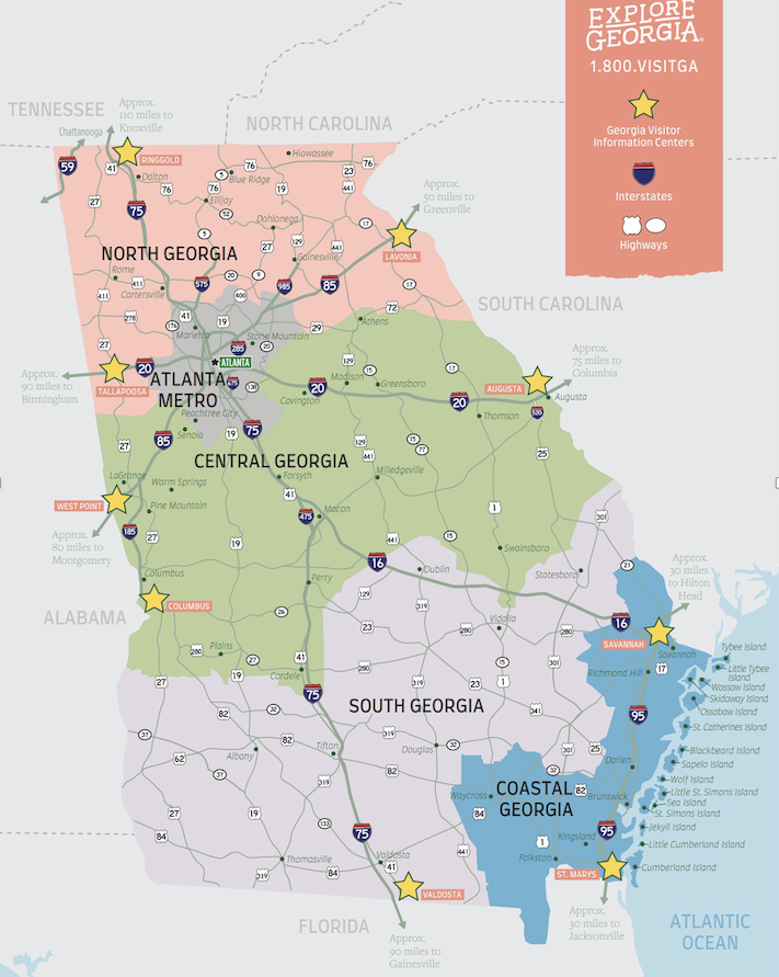 Map of Georgia’s different regions with the coastal region highlighted in blue. Photo courtesy of Explore Georgia