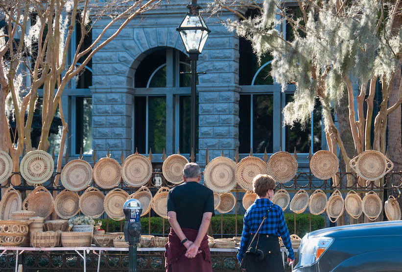 Gullah sweetgrass baskets are sold at outdoor markets in Charleston.