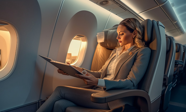 This portrait of premium economy travel generated by Artificial Intelligence is about as realistic as photographs of delicious hamburgers that bear no relation to what is actually served.