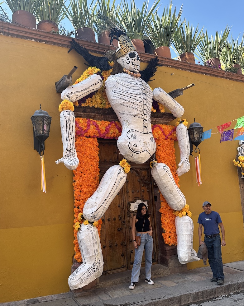 A doorway decorated for Dia de los Muertos.