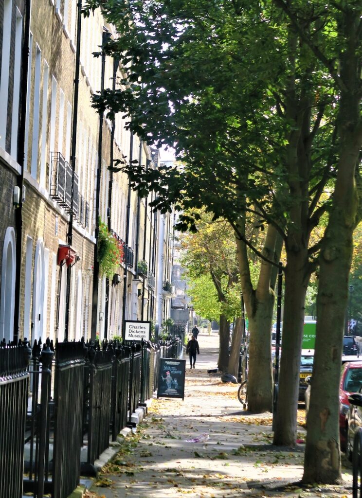 The Charles Dickens Museum is on a tree-lined street in a residential section of London. 