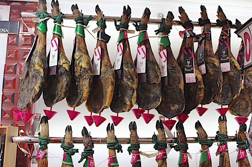 Cured legs of acorn-fed pigs, aka Iberico Ham, hanging in a neighborhood store in Hervás.