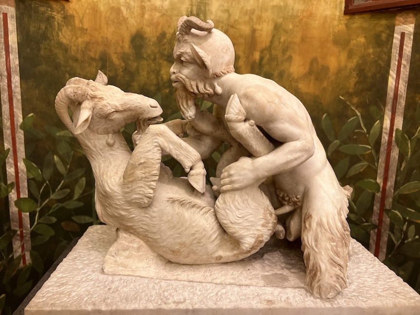 This erotic statue of Pan having sex with a goat was found in the Villa of the Papyri by archaeologists excavating Herculaneum.