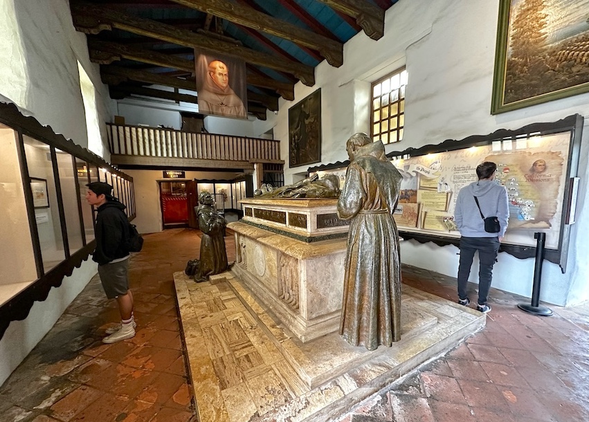 Saraophagus of Franciscan Fr. Junipero Serra rests in the middle of the museum at Mission San Carlos Borromeo de Carmelo in Carmel, CA