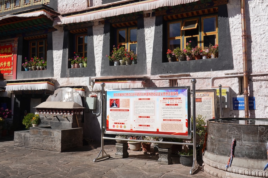 Chinese Communist Party news is regularly updates on bulletin boards outside the entrance to apartments used by monks working in nearby Jokhang Temple.