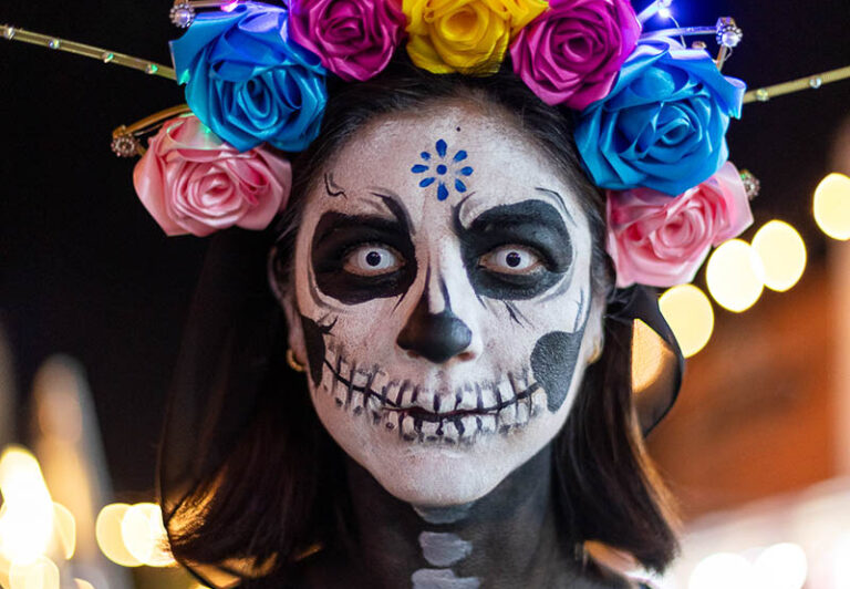 Skeletons are a common costume among participants. Death is embraced rather than considered as a haunting ghost.