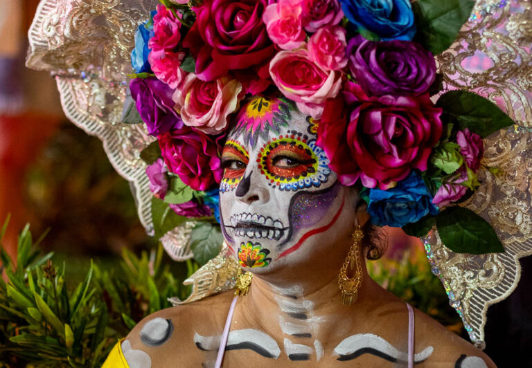 A woman dressed in the tradition of La Calavera Catrina. The headdress is made up of fresh roses.