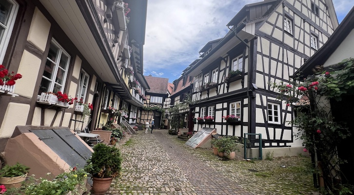 Many of the half-timbered houses in Gengenbach feature overhangs to support larger living spaces on upper floors and street entrances into their wine cellars.