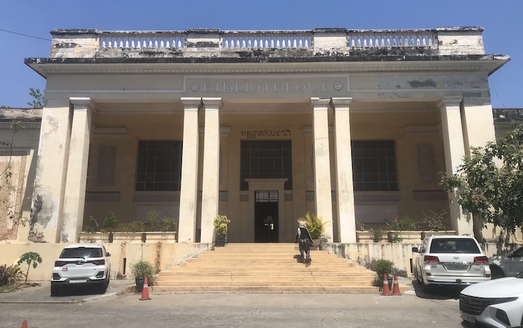 The National Library of Cambodia, built in 1924, is a simple one-story building framed by a Grecian portico. It was ransacked in the late 1970s by the Khmer Rouge, who destroyed 80 percent of the collection, according to UNESCO records.
