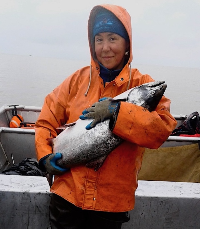 Bristol Bay fisherman Melanie Brown, a Native Alaskan, is fond of the salmon she catches (this is a king) for both cultural and economic reasons.