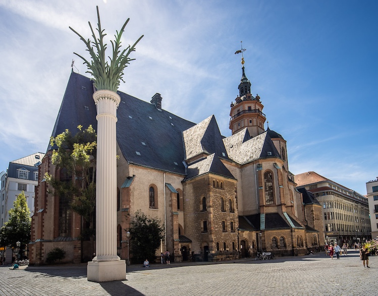 A replica of the columns inside St. Nicholas Church marks where protestors gathered to peacefully march for more freedom on October 6, 1989.