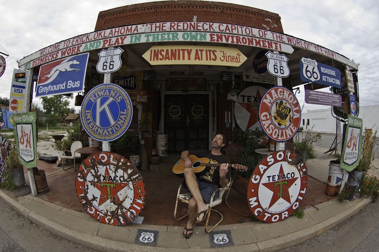 Jay Holiday sings road music in Erick, Oklahoma.