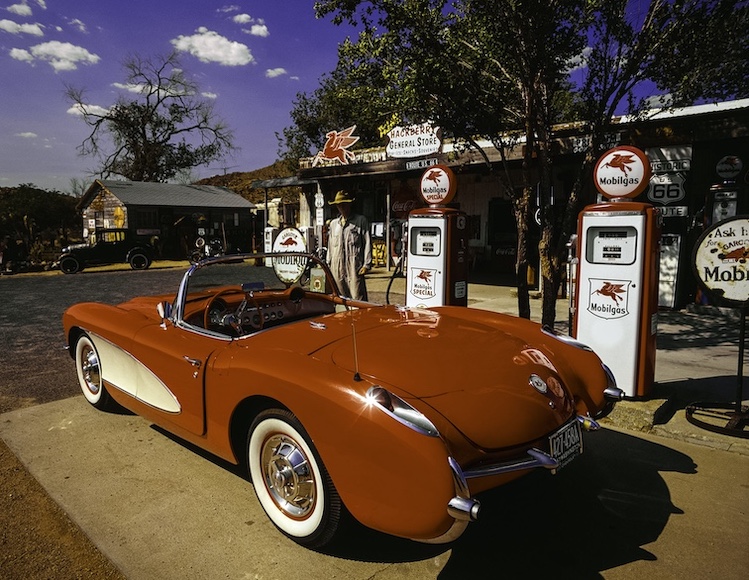 Classic Corvette convertible parked in front of the Hackberry General Store.