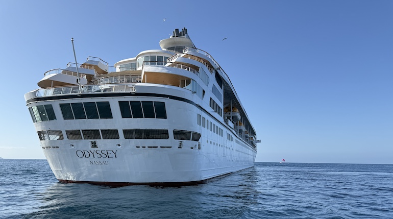 The Villa Vie Odyssey, shown here anchored off California's Catalina Island, is currently home to about 350 residents and 230 crew members. 