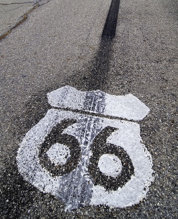 Route 66 shield icon on the highway east of Baxter Springs, Kansas.