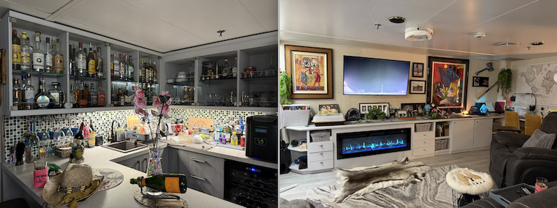 John and Melody Hennessee's custom built villa on the Odyssey has a tiled wet bar. Their living room has an electric fireplace plus other decorations and amenities.